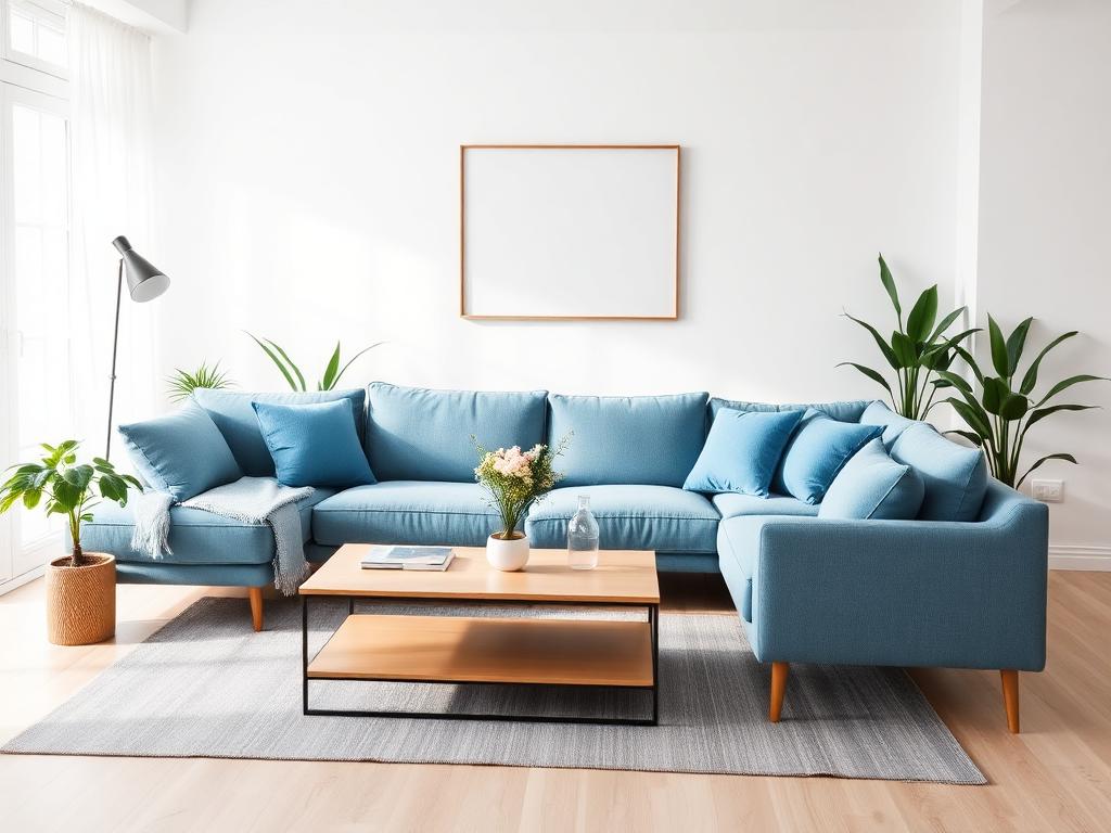 Modern lounge with soft blue tones